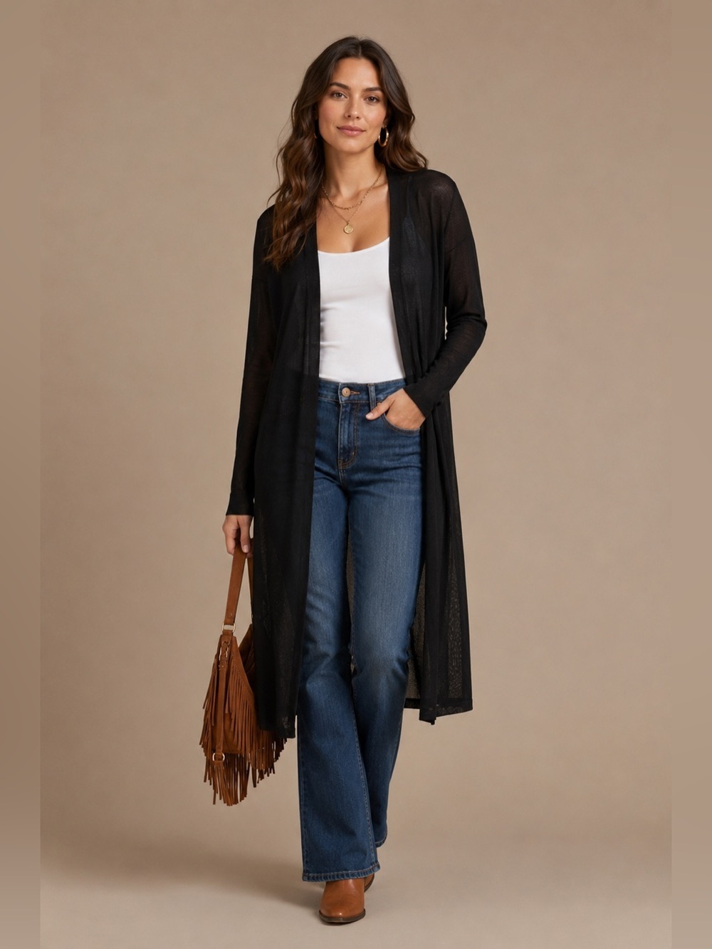 White House Black Market Sheer Black Mesh Duster Cardigan Long Sleeve Open L